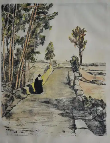 Lithografie, Landschaft mit Priester, Pilar von Bayern, 1928