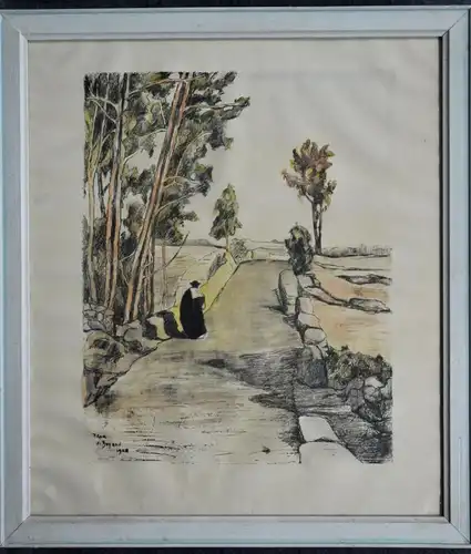 Lithografie, Landschaft mit Priester, Pilar von Bayern, 1928