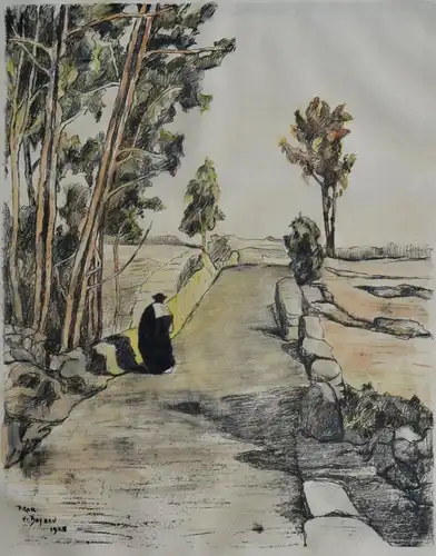 Lithografie, Landschaft mit Priester, Pilar von Bayern, 1928