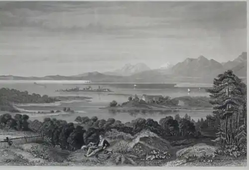 Stahlstich,Chiemsee, Fraueninsel, Herreninsel, Motiv 18 Jhdrt.