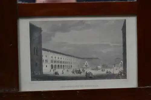 Spiegel, Biedermeier, unten Stahlstich mit Ansicht Universität München, 1843