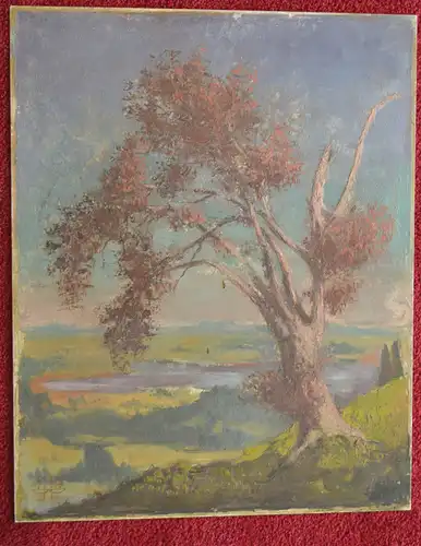 Ölbild auf Aluminiumplatte, Landschaft mit Baum, 1948, monogrammiert unbek.Maler