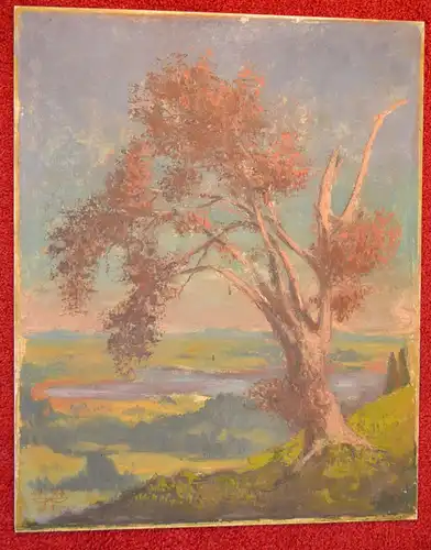 Ölbild auf Aluminiumplatte, Landschaft mit Baum, 1948, monogrammiert unbek.Maler