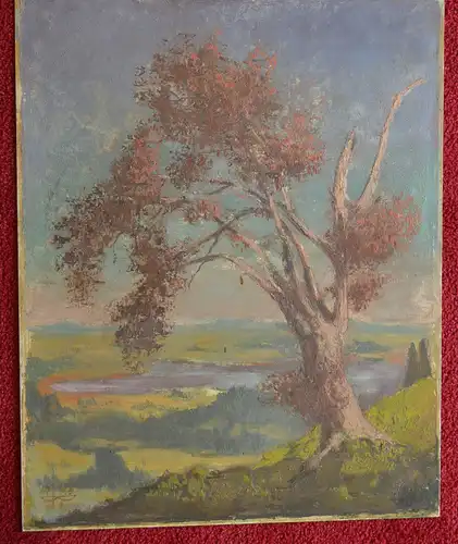 Ölbild auf Aluminiumplatte, Landschaft mit Baum, 1948, monogrammiert unbek.Maler