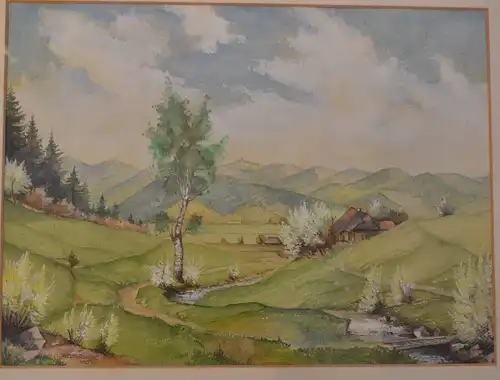 Aquarell, G. Rebstock, Landschaft mit Bauernhaus, 1945