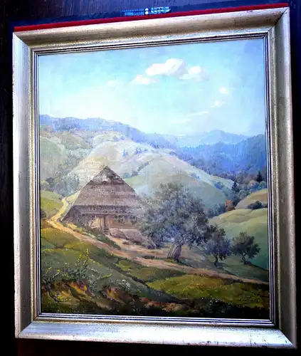 Ölbild,Schwarzwaldhaus in den Bergen, J. Kuri, etwa 1930