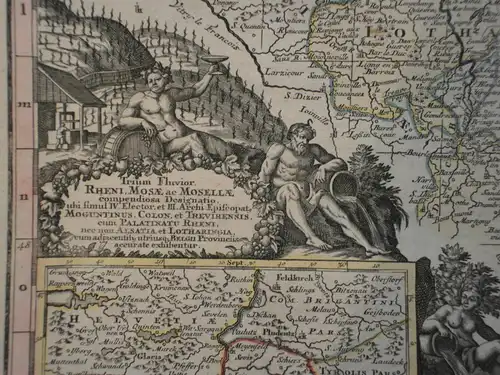 Kupferstich altkoloriert,Landkarte Rheni, Mosellae ac Mosae, 1740, Seutteri