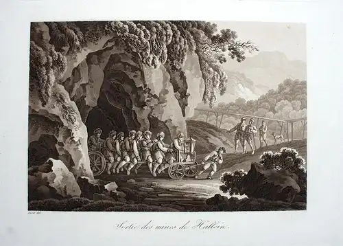 Aquatintablatt, Ausfahrt aus dem Salzbergwerk Hallein, etwa 1840