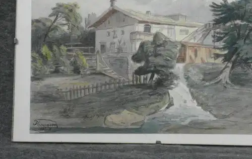 Bleistiftzeichnung,koloriert,Bauernhaus in den Bergen, sign. H. Kiewning,  1881