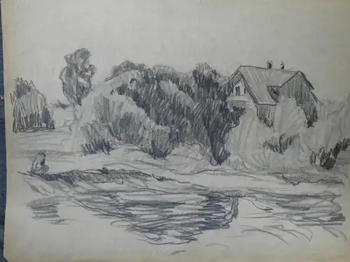 Bleistiftzeichnug,um1900,Auguste Reissmüller,1869-1958, Landhaus a. e. Weiher