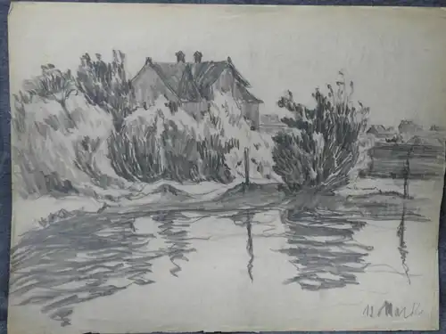 Bleistiftzeichnung,12.Mai 16,Auguste Reissmüller,1869-1958, Landschaft m.Weiher