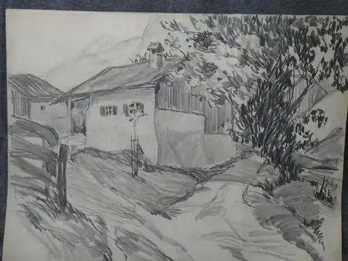 Bleistiftzeichnung a. Papier,Anfang 1900,unbekannter Künstler, Haus i.d.Bergen
