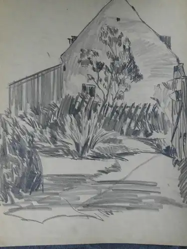 Bleistiftzeichnung a.Papier,Anfang 1900,unbek.Zeichner, Seitenansicht e. Hauses