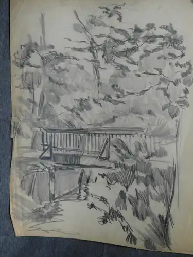 Bleistiftzeichnung um1900,Auguste Reissmüller 1869-1958,Brücke im engl. Garten