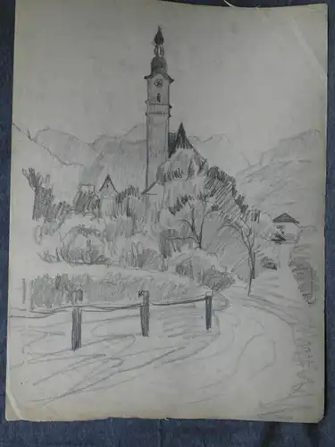 Bleistiftzeichnung um1900,Auguste Reissmüller1869-1958,MünchenKirche i.d. Bergen