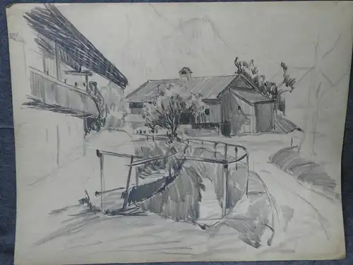 Bleistiftzeichnung,Anfang 1900, Auguste Reissmüller 1869-1958,oberbay.Bauernhof