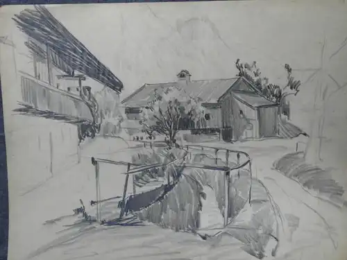 Bleistiftzeichnung,Anfang 1900, Auguste Reissmüller 1869-1958,oberbay.Bauernhof