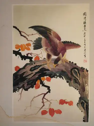 Bastbild, Japan, etwa 1930, Vogel auf einem Ast