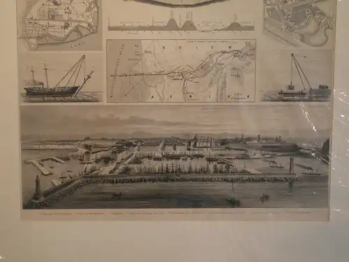 Stahlstich, Hafenansichten, Wilhelmshafen, Suezkanal, Seefahrt, etwa 1870