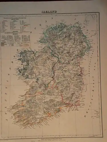 Stahlstich,Landkarte, Irland, Jreland, etwa 1870, gedruckt Flemming in Glogan