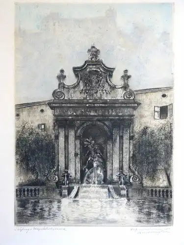 Radierung, Amadeus Diem?, Salzburg, Kapitelschwemme, Original, etwa 1870