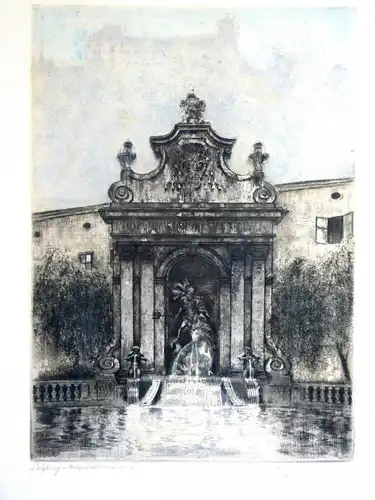 Radierung, Amadeus Diem?, Salzburg, Kapitelschwemme, Original, etwa 1870