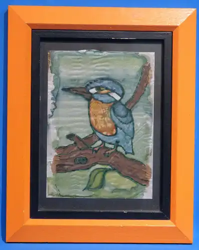 Aquarell (Batik), Listiger Vogel, auf Stoff gemalt