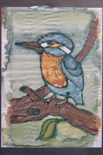 Aquarell (Batik), Listiger Vogel, auf Stoff gemalt