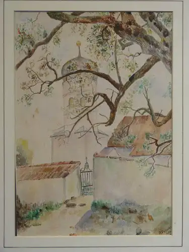 Aquarell, Friedhof mit Kirche, sign. A. Pelikan, etwa 1940,gerahmt