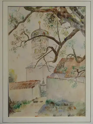 Aquarell, Friedhof mit Kirche, sign. A. Pelikan, etwa 1940,gerahmt