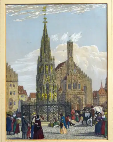 Stahlstich koloriert, Schöner Brunnen Nürnberg, etwa 1870