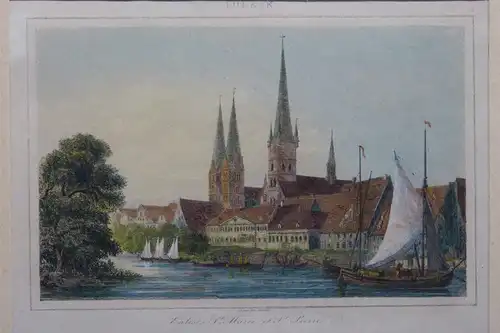 Lübeck, Stahlstich handkoloriert,  Kirche St. Peter und Maria, Mitte 19 Jh.