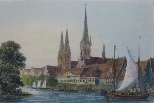 Lübeck, Stahlstich handkoloriert,  Kirche St. Peter und Maria, Mitte 19 Jh.