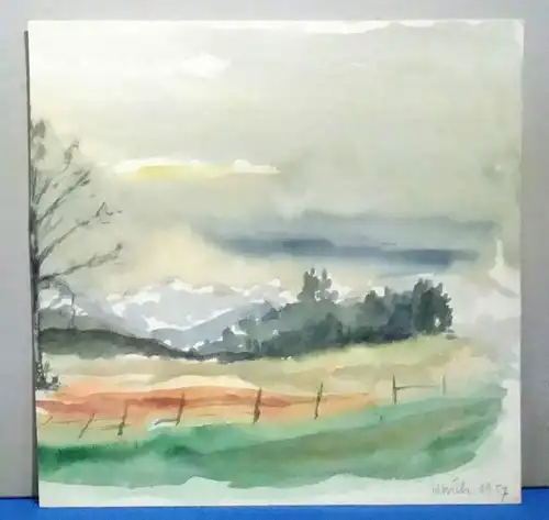 Aquarell,W.Ulrich,1957, Landschaft mit Weidezaun