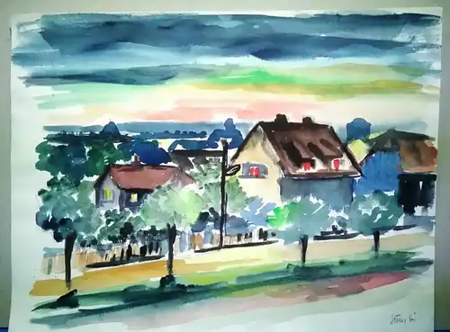 Aquarell,W.Ulrich,1961, Allee mit Häusern