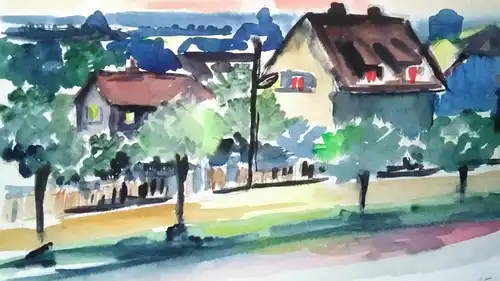 Aquarell,W.Ulrich,1961, Allee mit Häusern