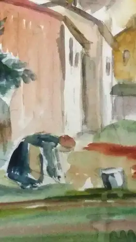 Aquarell,W.Ulrich,1963, Frau bei der Gartenarbeit