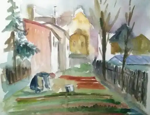 Aquarell,W.Ulrich,1963, Frau bei der Gartenarbeit