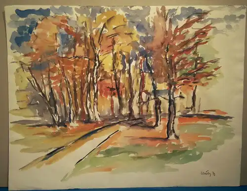 Aquarell,W.Ulrich,1973,herbstliche Landschaft mit Bäumen.