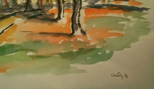 Aquarell,W.Ulrich,1973,herbstliche Landschaft mit Bäumen.