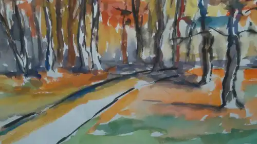 Aquarell,W.Ulrich,1973,herbstliche Landschaft mit Bäumen.