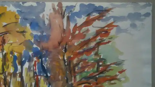 Aquarell,W.Ulrich,1973,herbstliche Landschaft mit Bäumen.