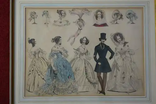 Original Stahlstich,Mode Damen und Mann,Passepartout,koloriert,gerahmt, 2 Stück