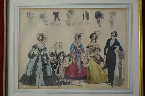 Original Stahlstich,Mode Damen und Mann,Passepartout,koloriert,gerahmt, 2 Stück