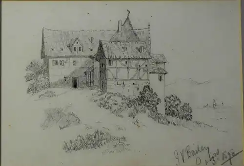 Bleistiftzeichnung,G.V. Bailey,1898, Ansicht eines Fachwerkhaus, im Passepartout