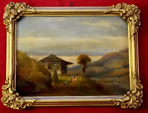 Ölbild,auf Blech gemalt,Romantiker,Bauernhaus i.d.Bergen,ca.1840,Originalrahmen