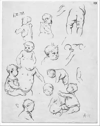 August Holmberg,Bleistiftzeichnung,Studien, Baby  , 1878, monogrammiert