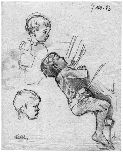 August Holmberg,Bleistiftzeichnung,Skizze, 3 Kinder, 1893, monogrammiert