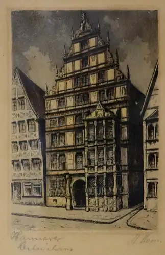 Hannover,Leibnizhaus, Radierung koloriert,sign. Mann od. Manz