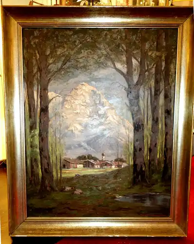 Malerei, Ölbild,Hochwald im Durchblick,Sigishofen mit Rubihorn,H.Gabler,1942